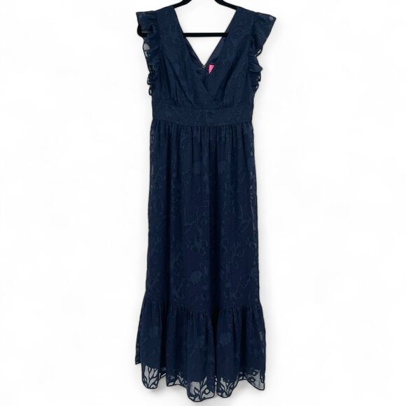 Lilly Pulitzer Womens Dress Sz 2 Navy Autumn Botanical Floral V-Neck Ruffle Midi - Picture 2 of 10